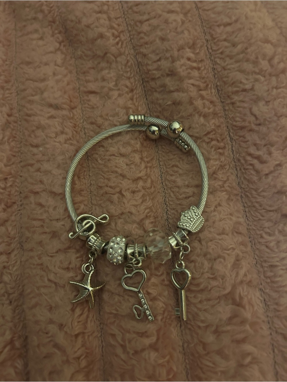 Silver-Tone Charm Bracelet with Heart Key and Star Charms